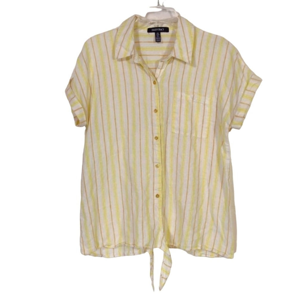 Ellen Tracy Striped Tie Front Button up Linen Shirt - M